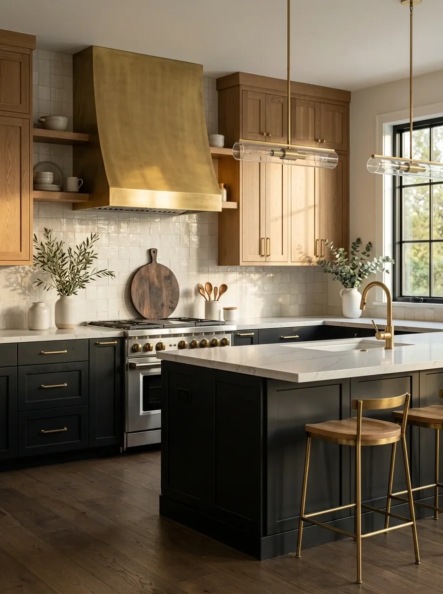 Black and Warm Oak Kitchen With Brass Statement Hood