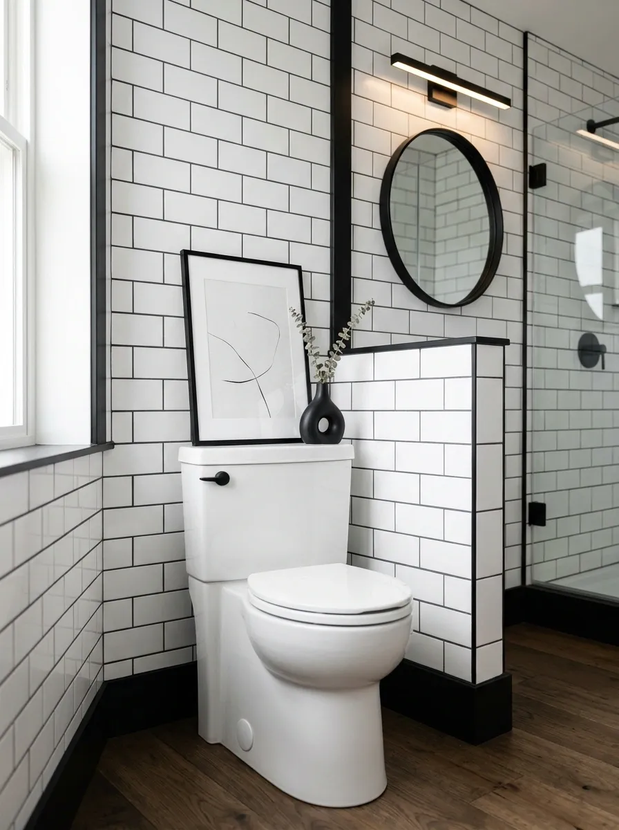 Black-and-White Bathroom With Graphic Artwork