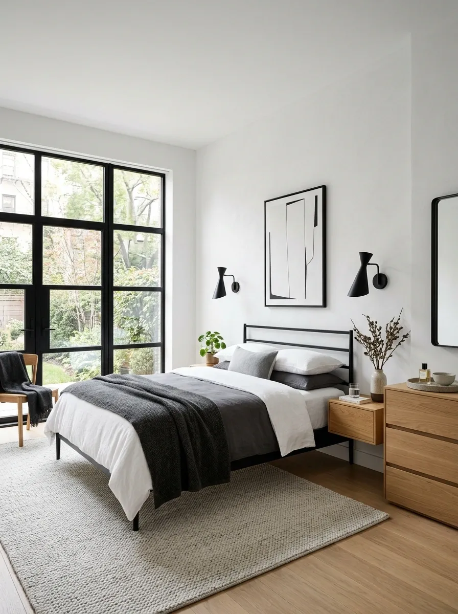 Black and White Bedroom With Warm Oak to Break the Contrast