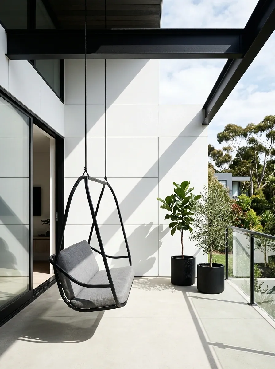 Black-and-White Contemporary Porch With Sculptural Swing