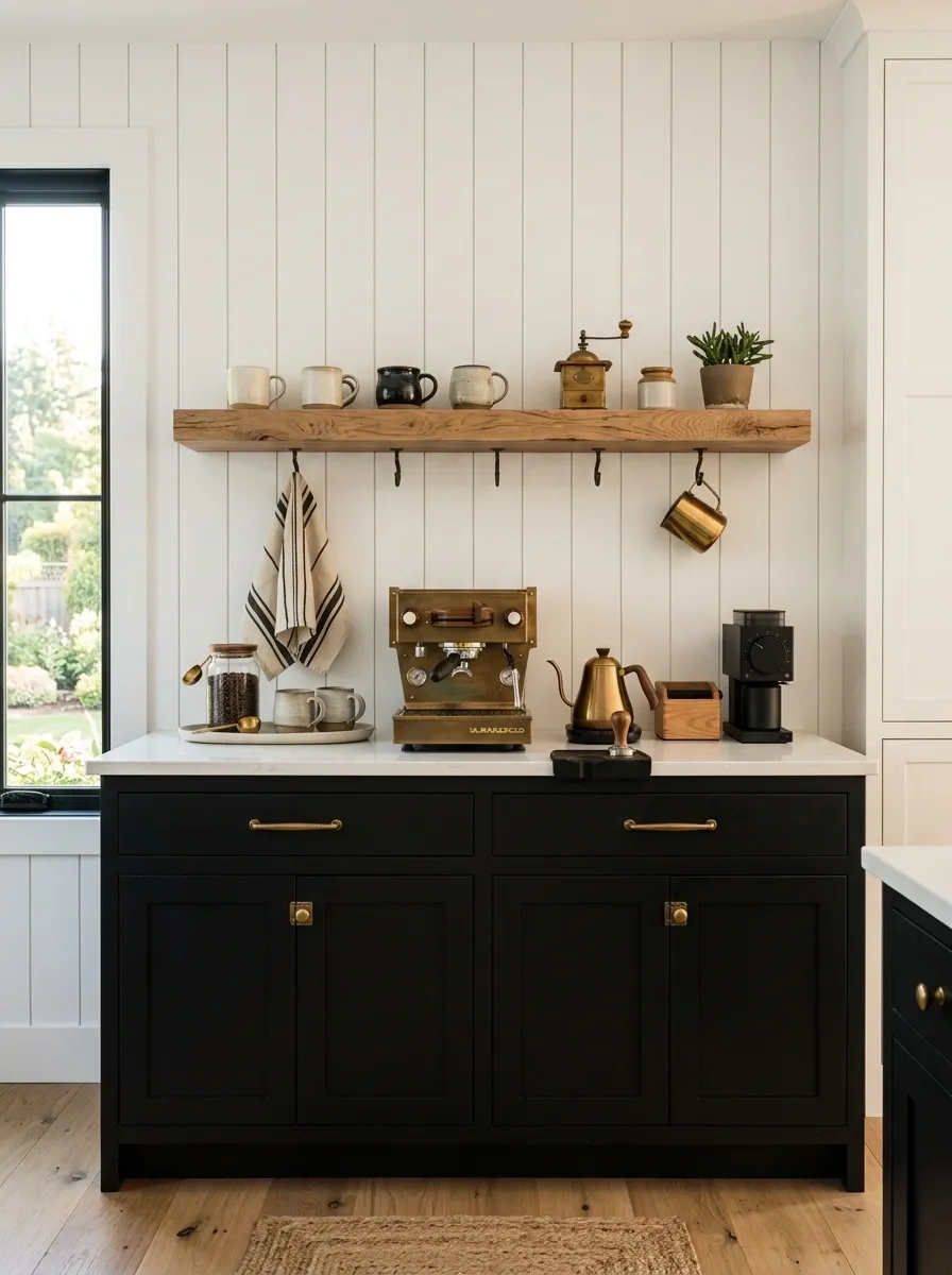 Black-and-White Farmhouse Coffee Bar With Antique Accents