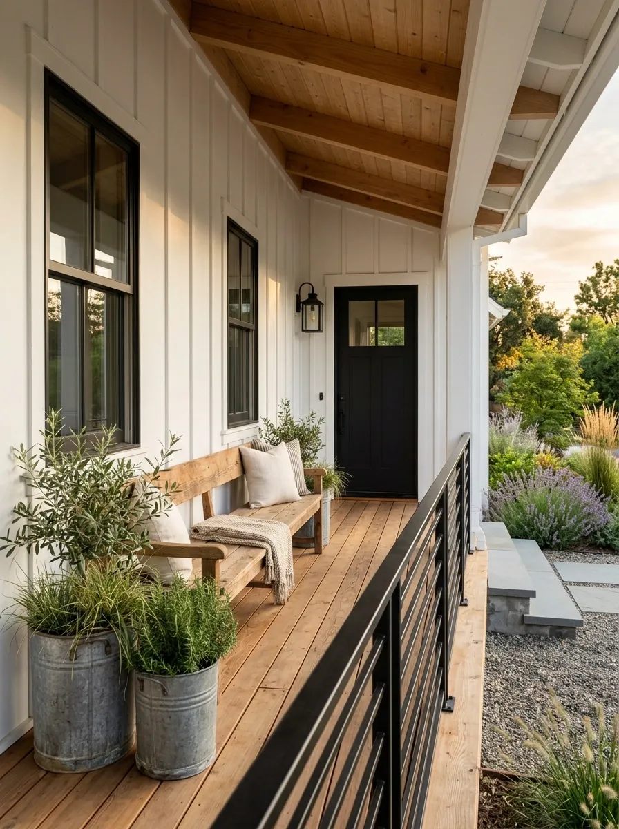 Black-and-White Farmhouse Porch With Board-and-Batten Siding