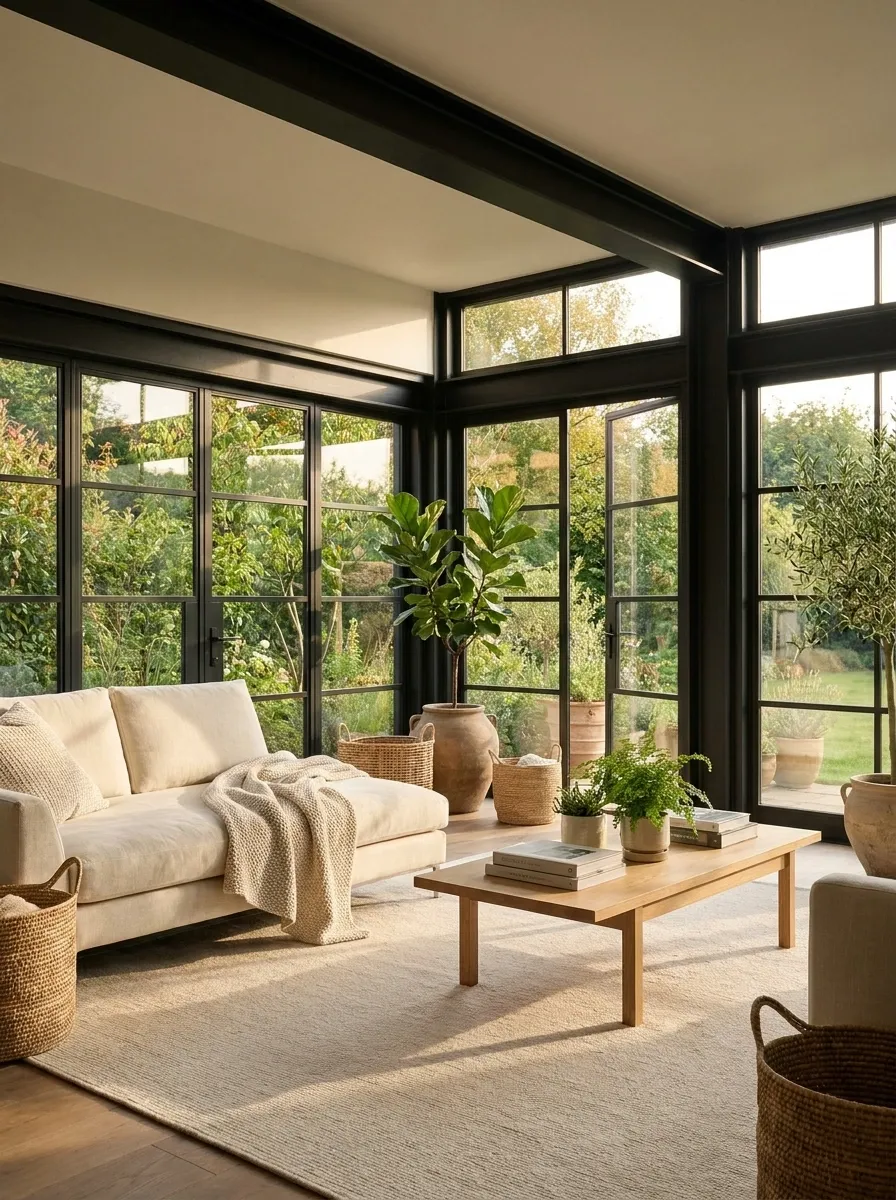 Black-and-White Garden Room With Soft Natural Materials