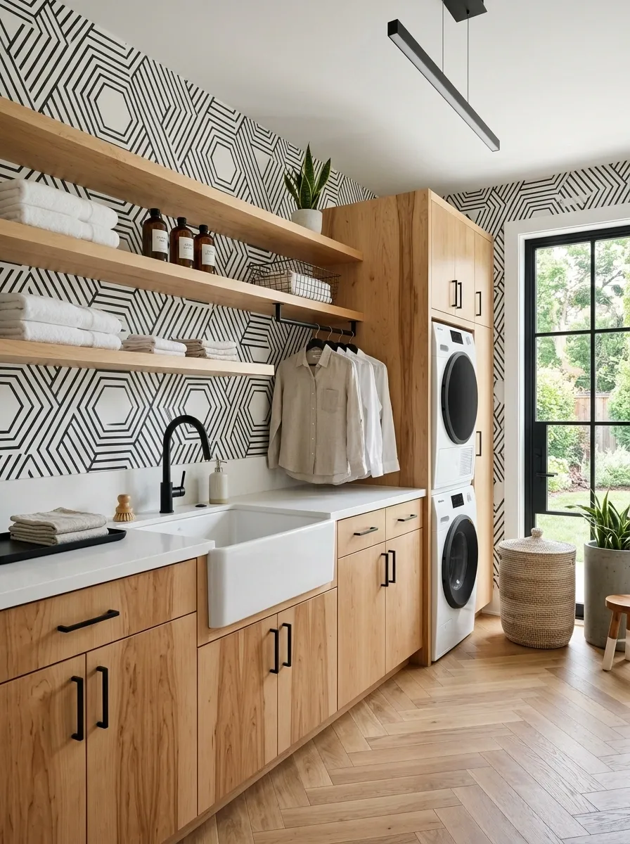 Black-and-White Geometric Wallpaper With Maple Cabinets