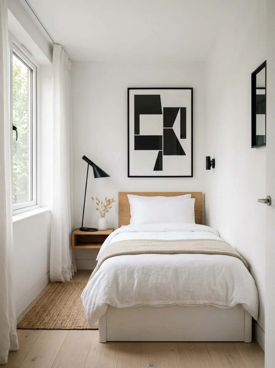 Black-and-White Graphic Bedroom With Warm Wood