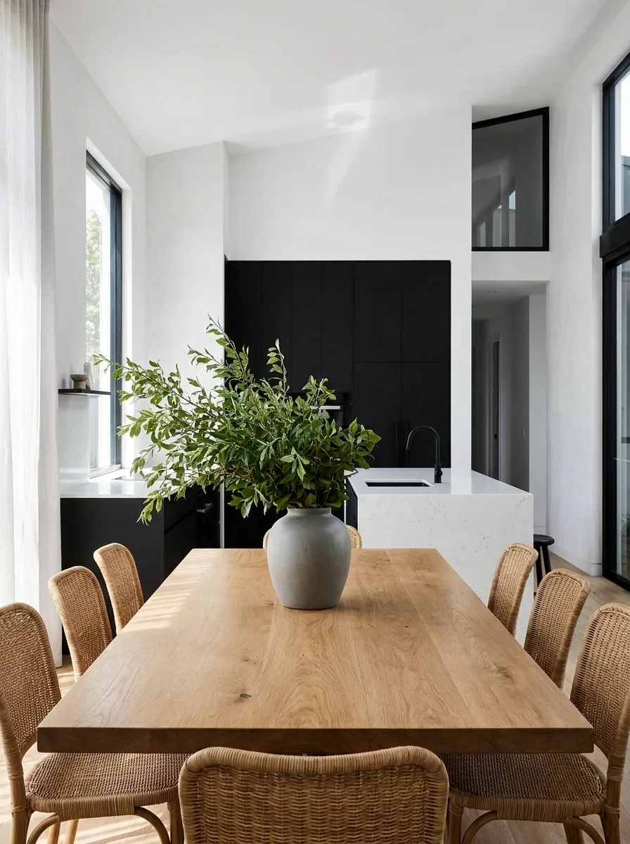 Black-and-White Kitchen With Natural Greenery