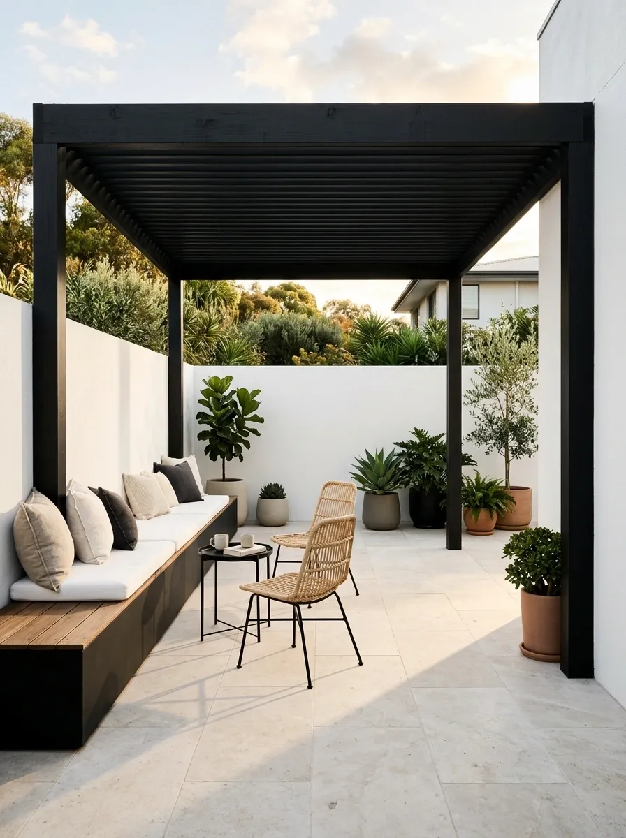 Black-and-White Pergola With Built-In Bench Seating