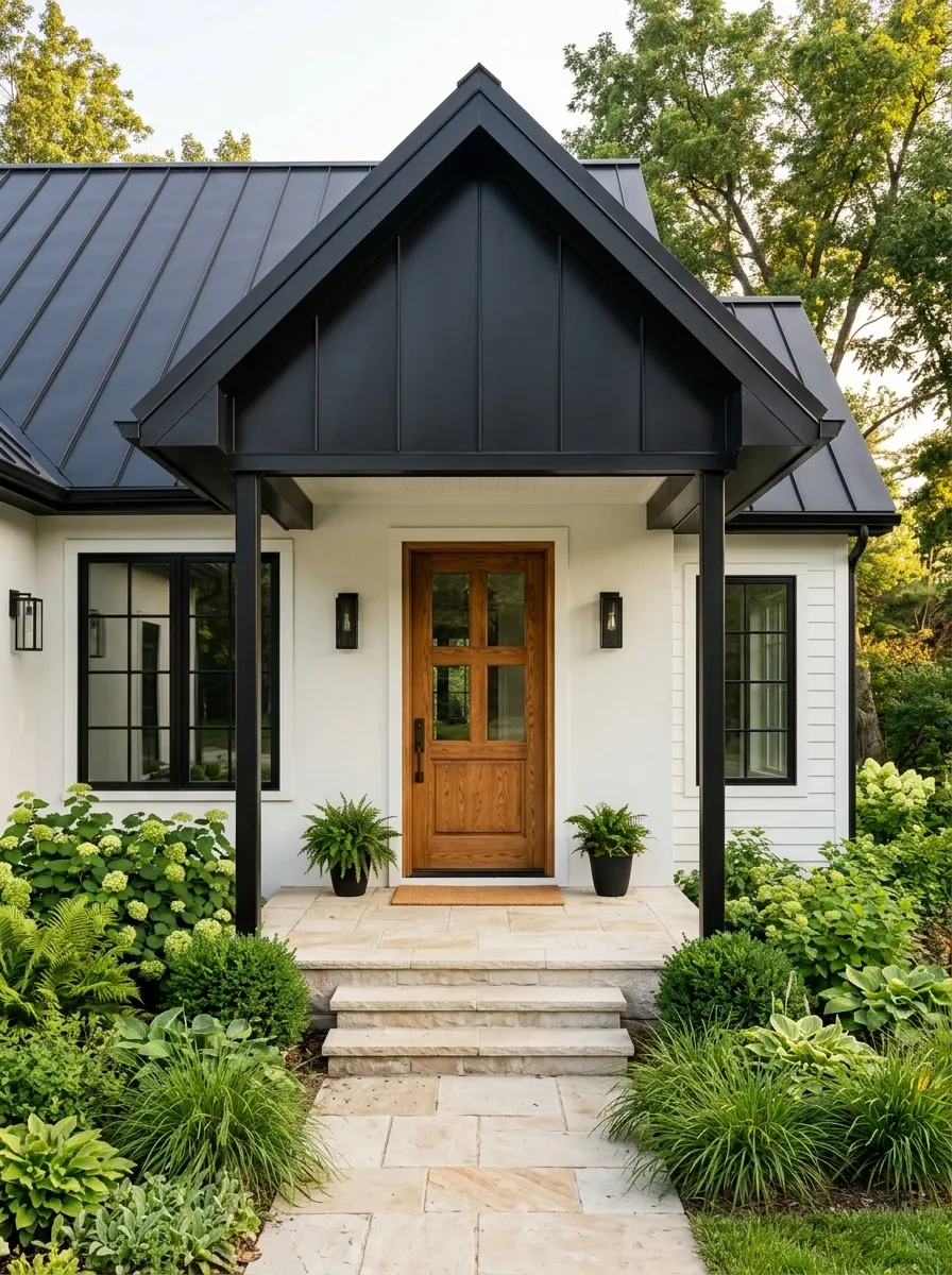 Black-and-White Porch With a Dramatic Dark Roof