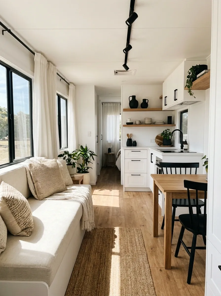 Black-and-White RV With Warm Wood Keeping It Human