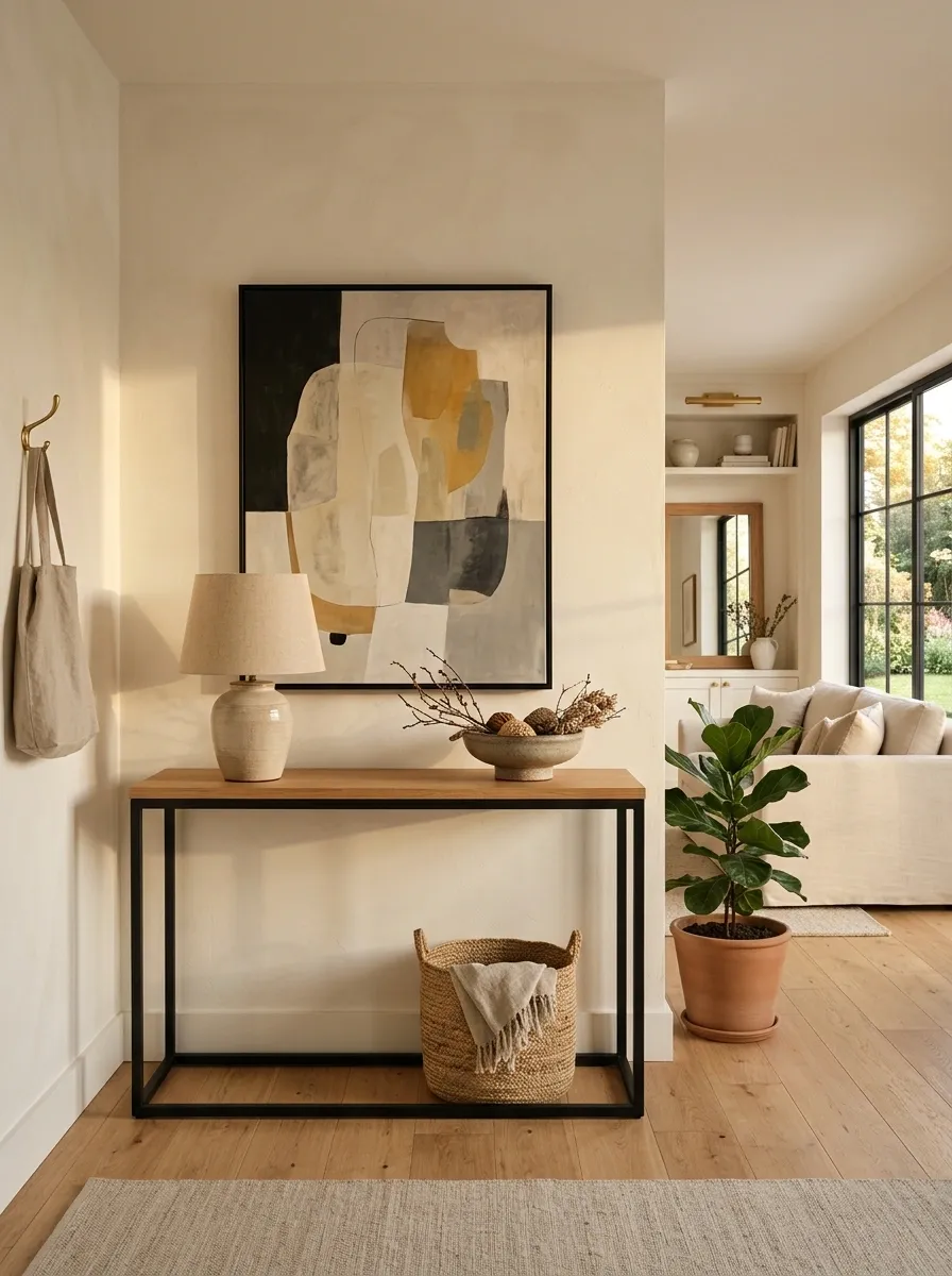 Black-and-Wood Console With a Connected Living Room Palette