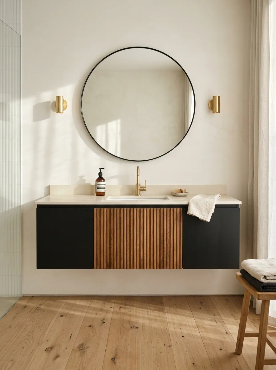 Black-and-Wood Floating Vanity With Ribbed Detail