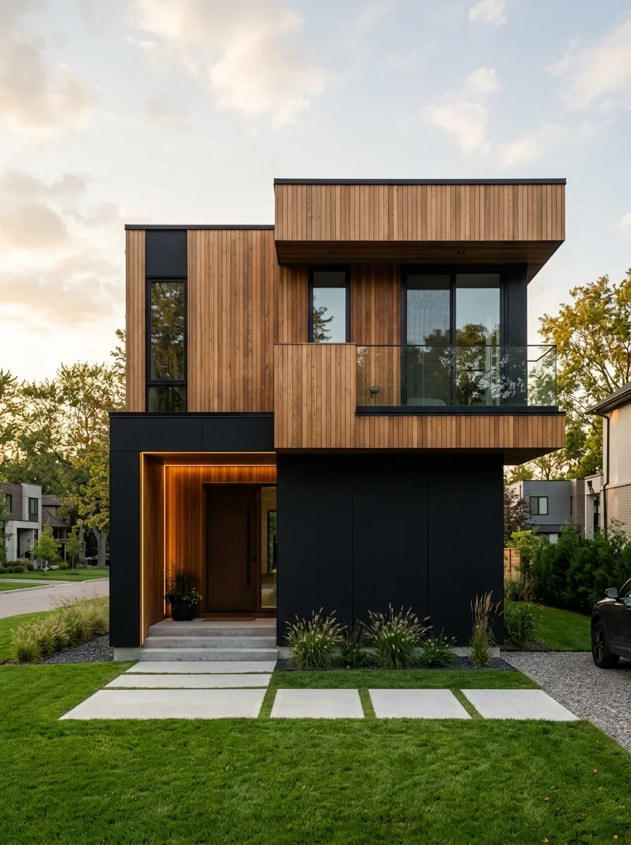 Black-and-Wood House With Offset Upper Volume