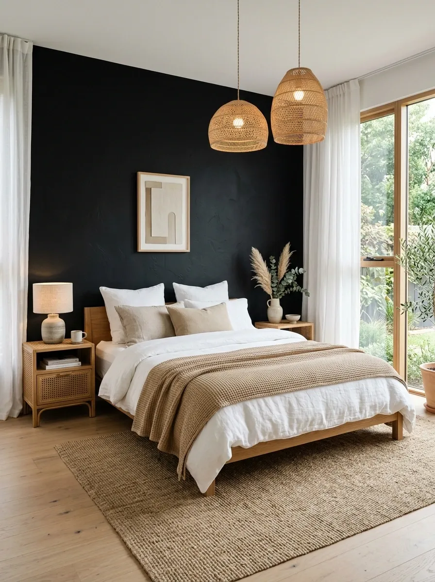 Black Bedroom Wall With White Linen and Rattan