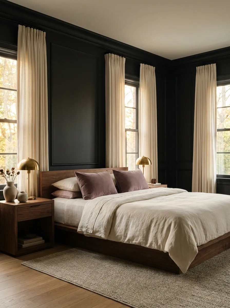 Black Bedroom With Cream Drapery and Soft Mauve Accents