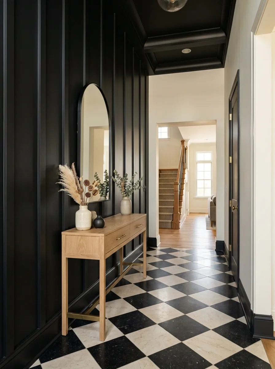 Black Board-and-Batten Entryway With Checkerboard Flooring