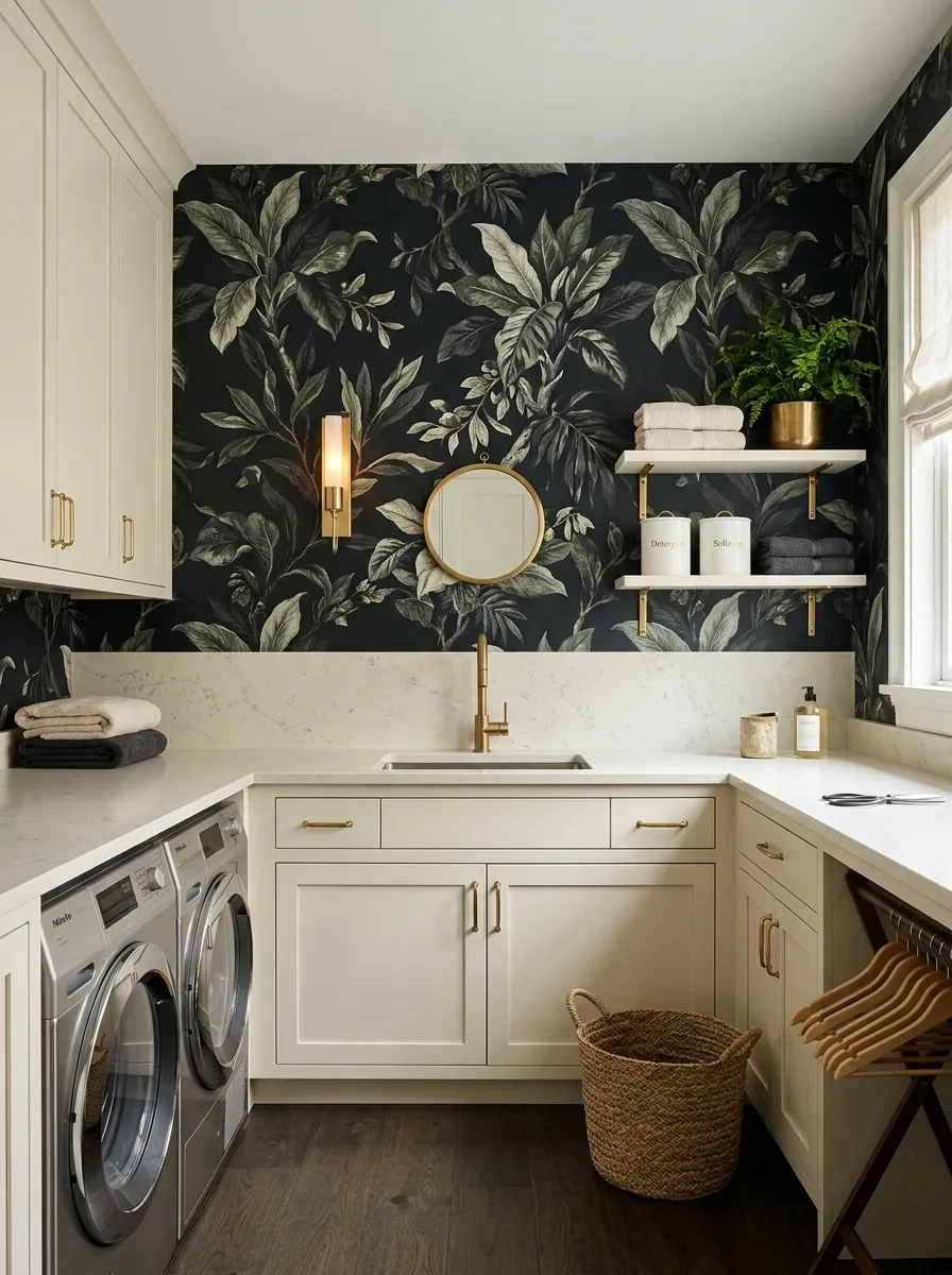 Black Botanical Wallpaper With Warm Brass and Cream Stone