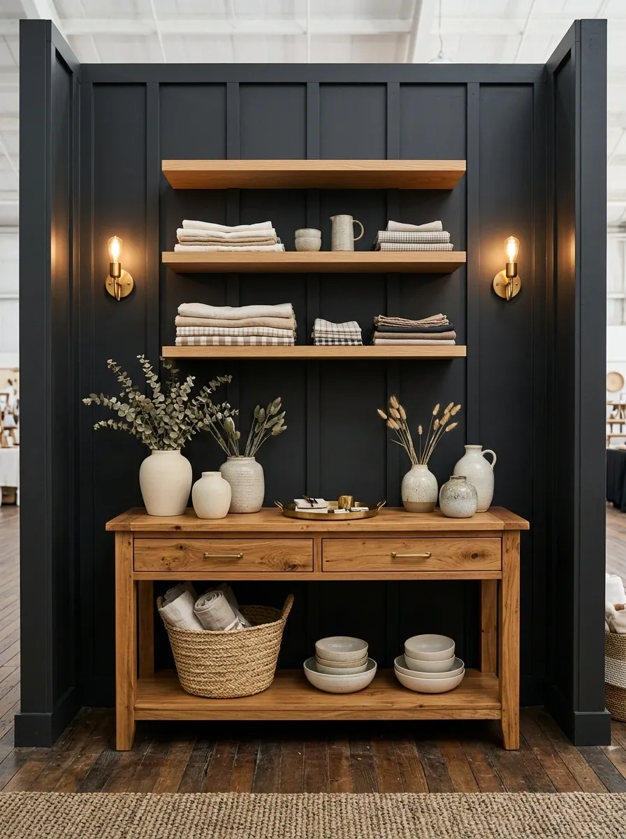 Black Cottage Booth With Warm Wood and Brass Lighting