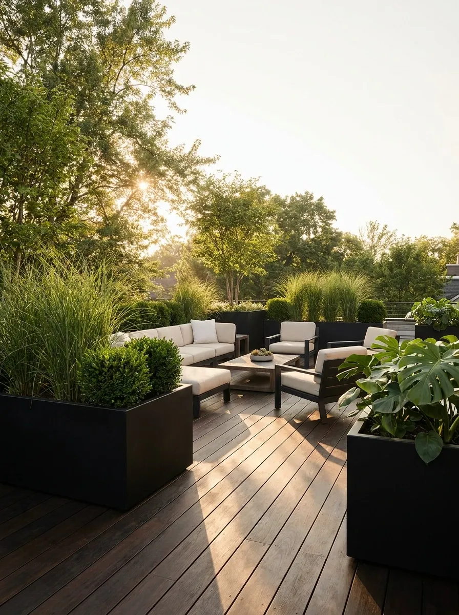 Black Deck Planters Framing a Crisp Modern Outdoor Lounge