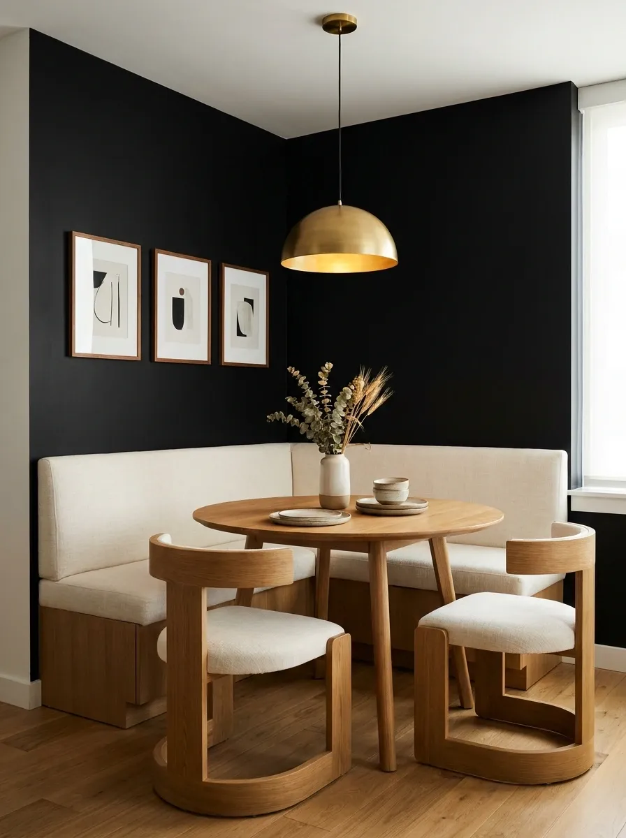 Black Dining Nook With Built-In Banquette and Warm Pendant