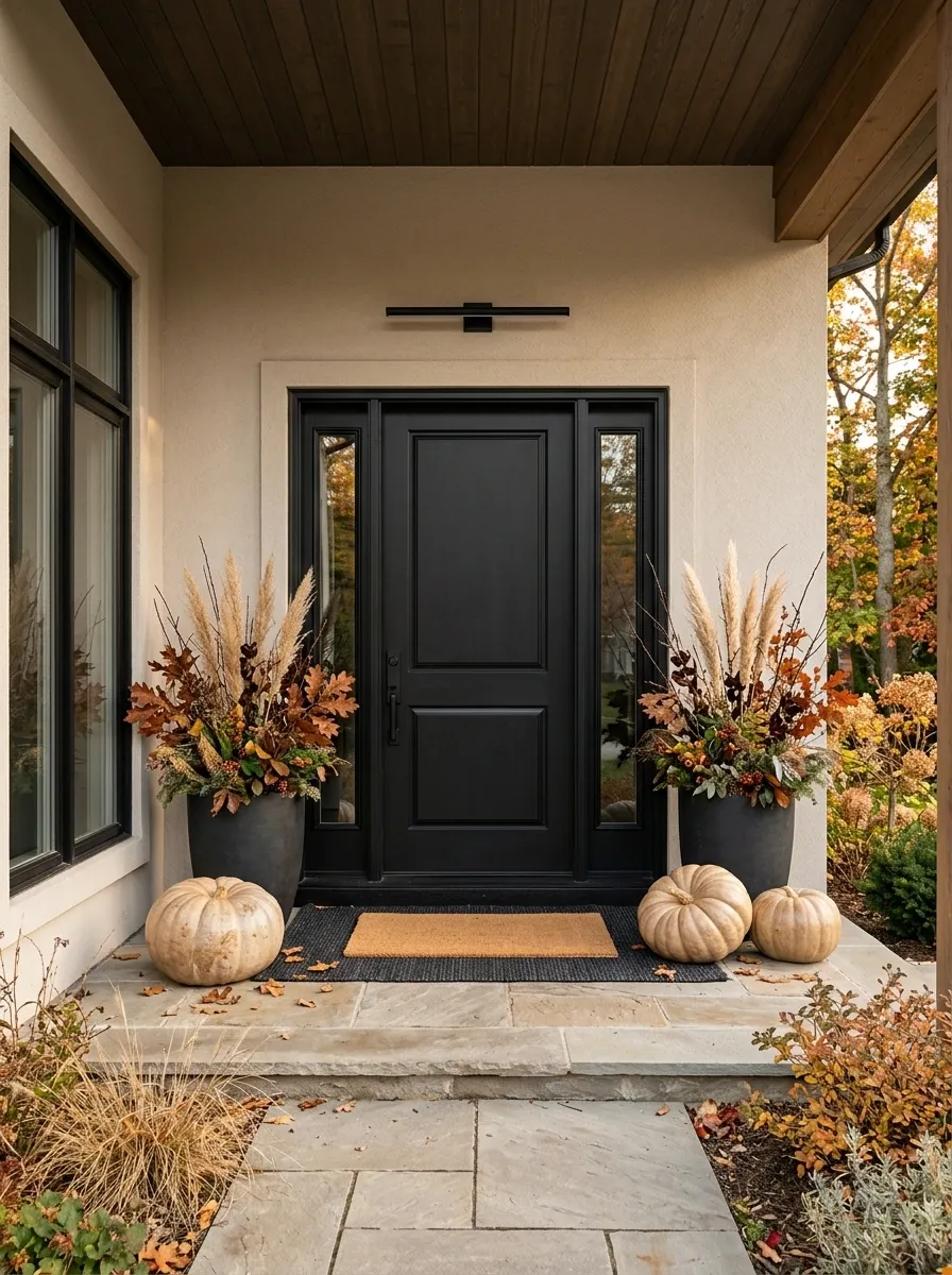 Black Door With Oversized Pumpkin-Flanked Entry
