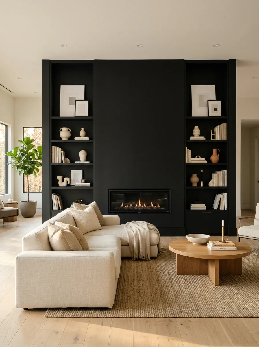 Black Fireplace Wall With Built-In Shelving in a Warm Living Room