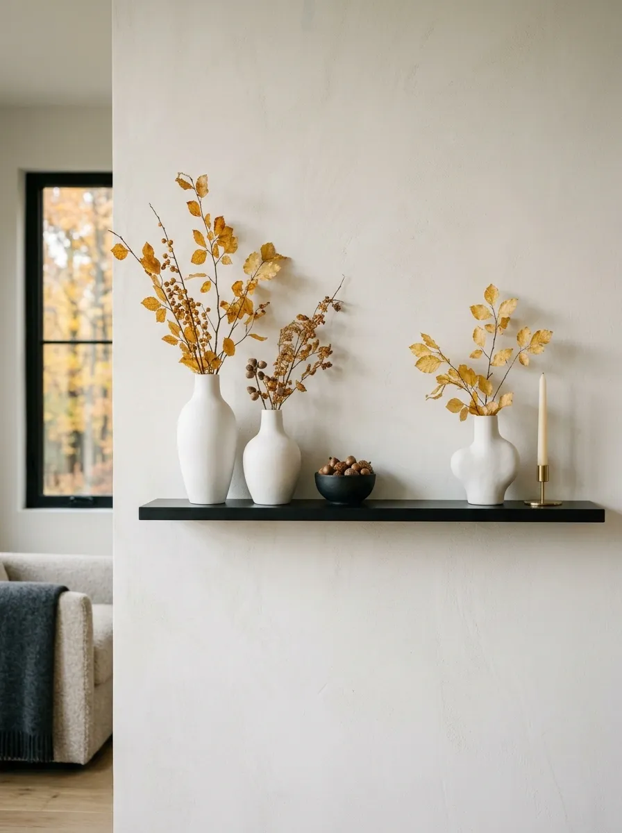Black Floating Shelf With Sculptural White Pottery and Golden Leaves