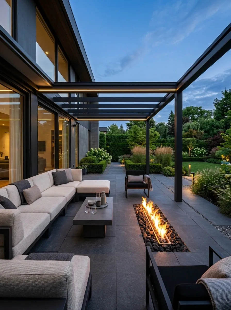 Black-Framed Contemporary Patio With a Linear Fire Feature