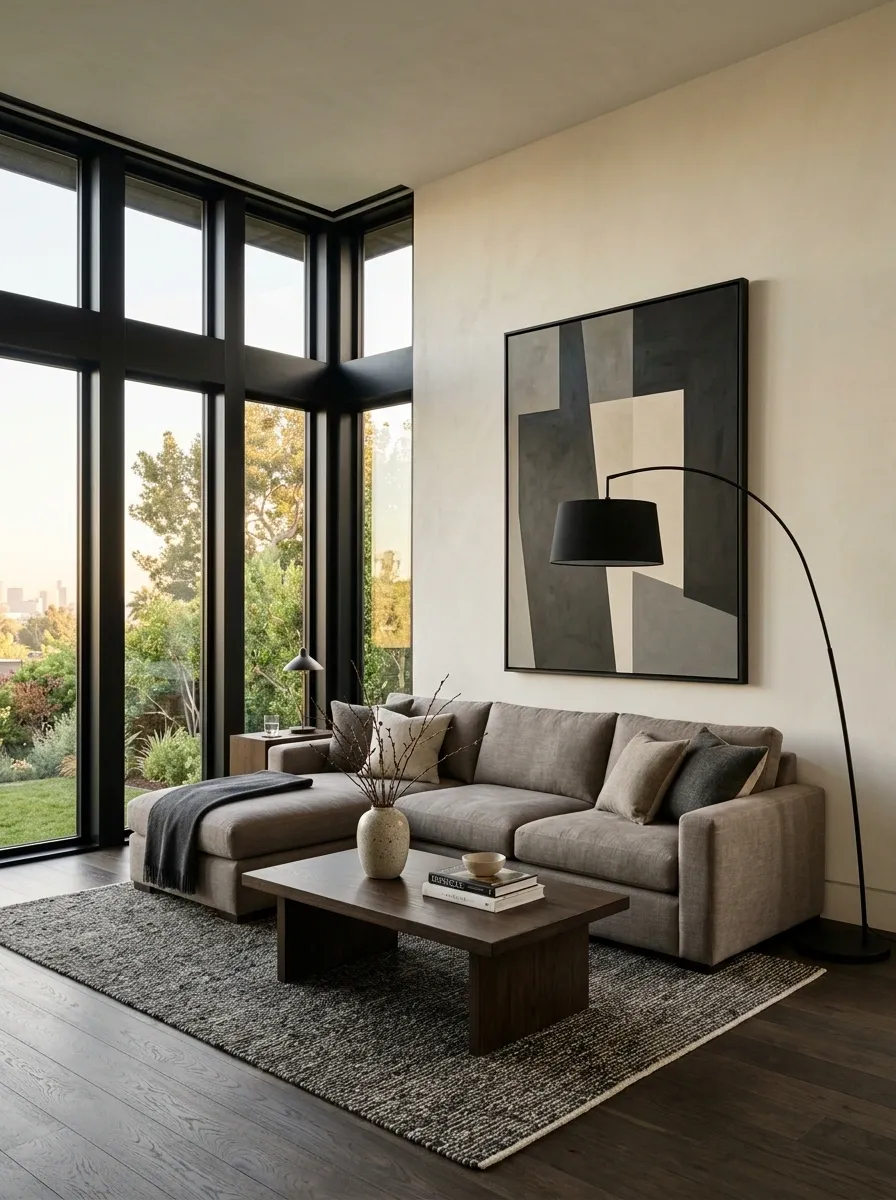 Black-Framed Corner Sofa Layout With Dramatic Artwork