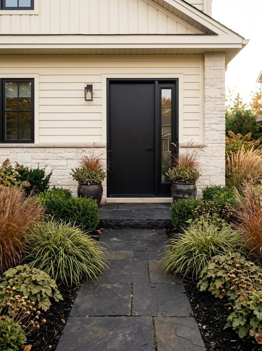 Black Front Door Framed by Autumn Planting