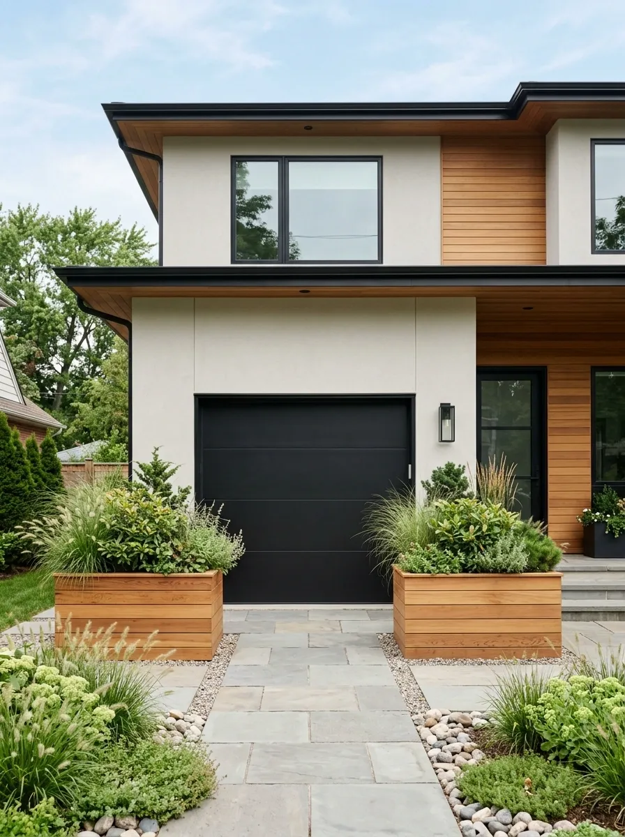 Black Garage Door With Cedar Planter Boxes and Warm Planting