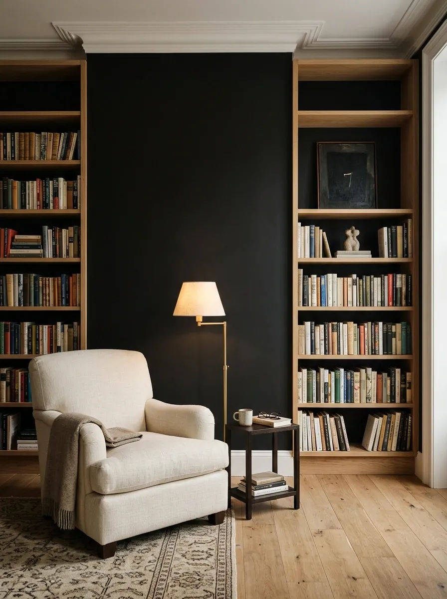 Black Home Library With Built-In Oak Shelving