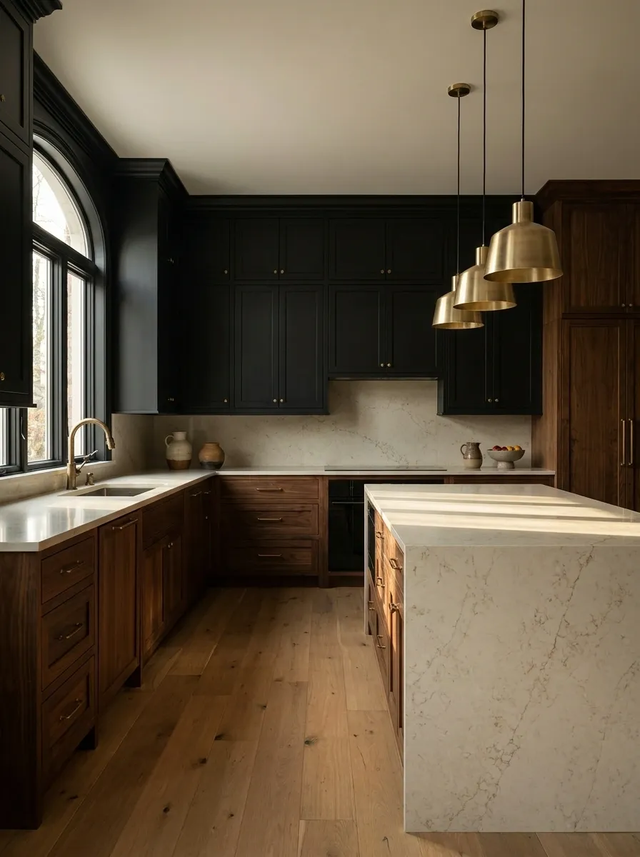 Black Kitchen With Cream Stone and Walnut Cabinetry