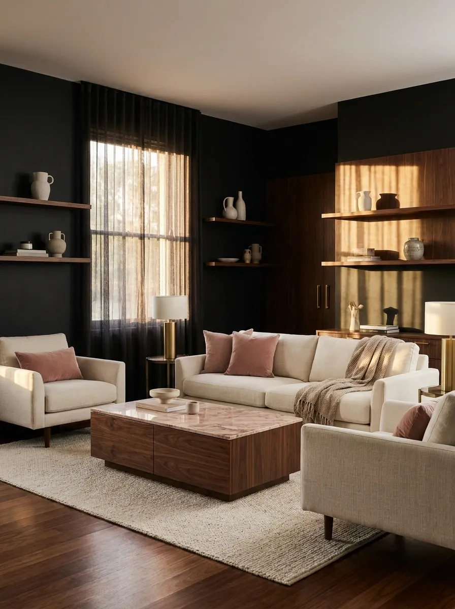 Black Living Room With Soft Pink Marble and Walnut