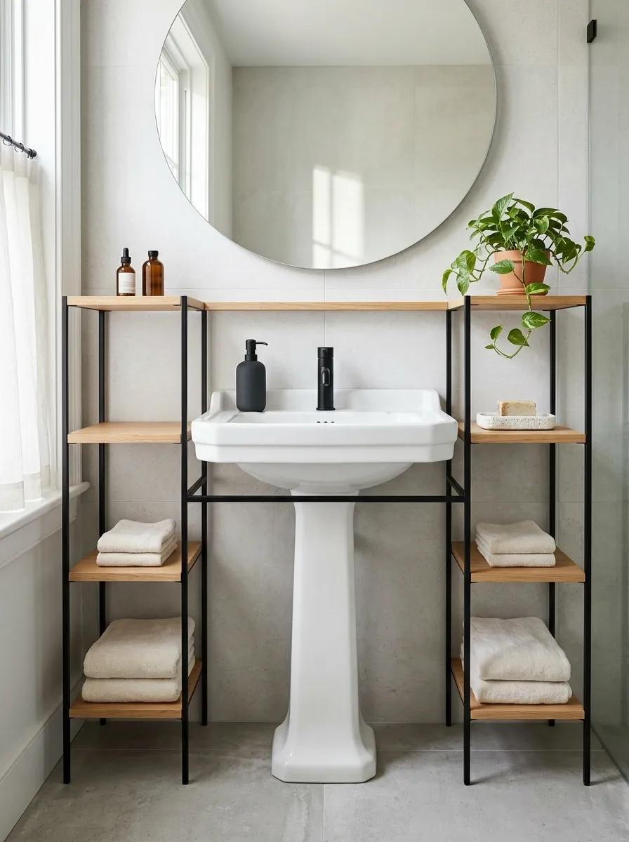 Black Metal and Oak Open Sink Frame