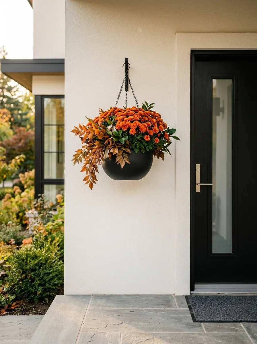 Black Metal Basket With Fiery Orange Blooms
