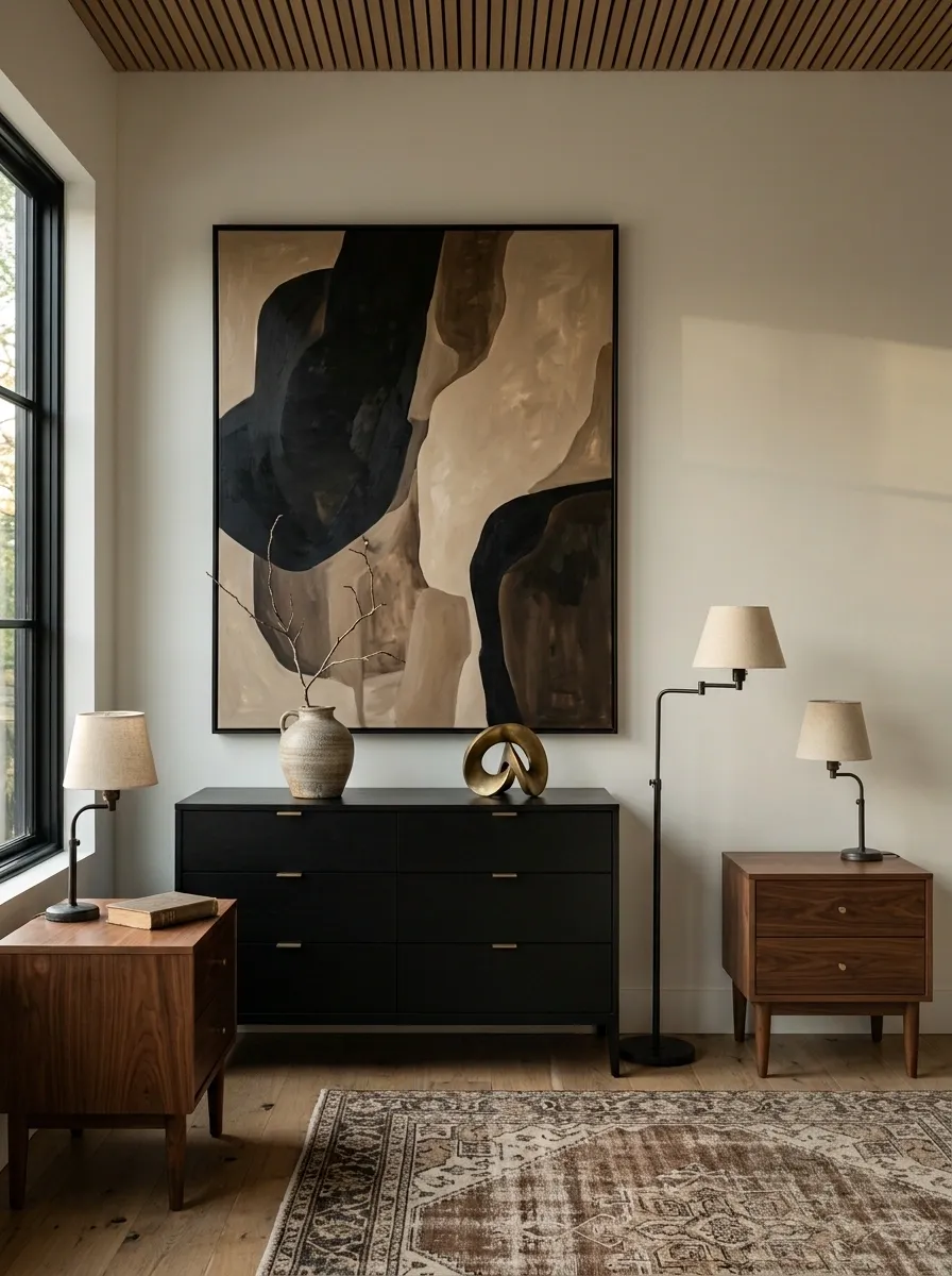 Black Mid-Century Dresser With One Oversized Abstract Artwork