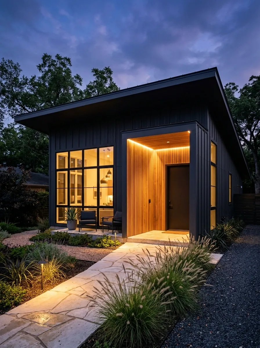 Black Modern House With Warm Illuminated Entry