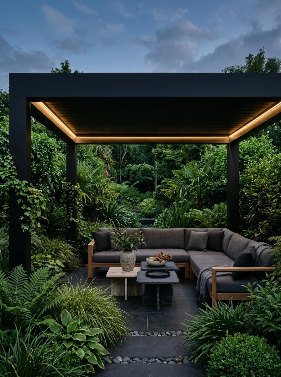Black Pergola With a Roof Framing a Lush Green Backyard