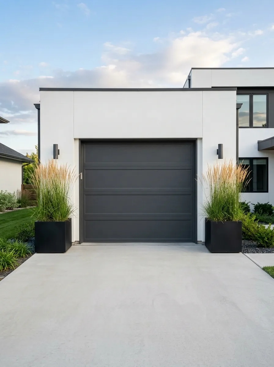 Black Planters and Architectural Grasses Against a White Garage Door