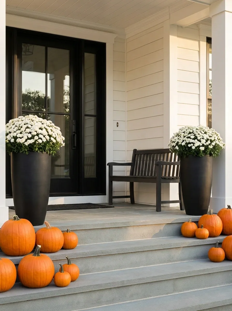 Black Planters, White Mums, and Orange Pumpkins