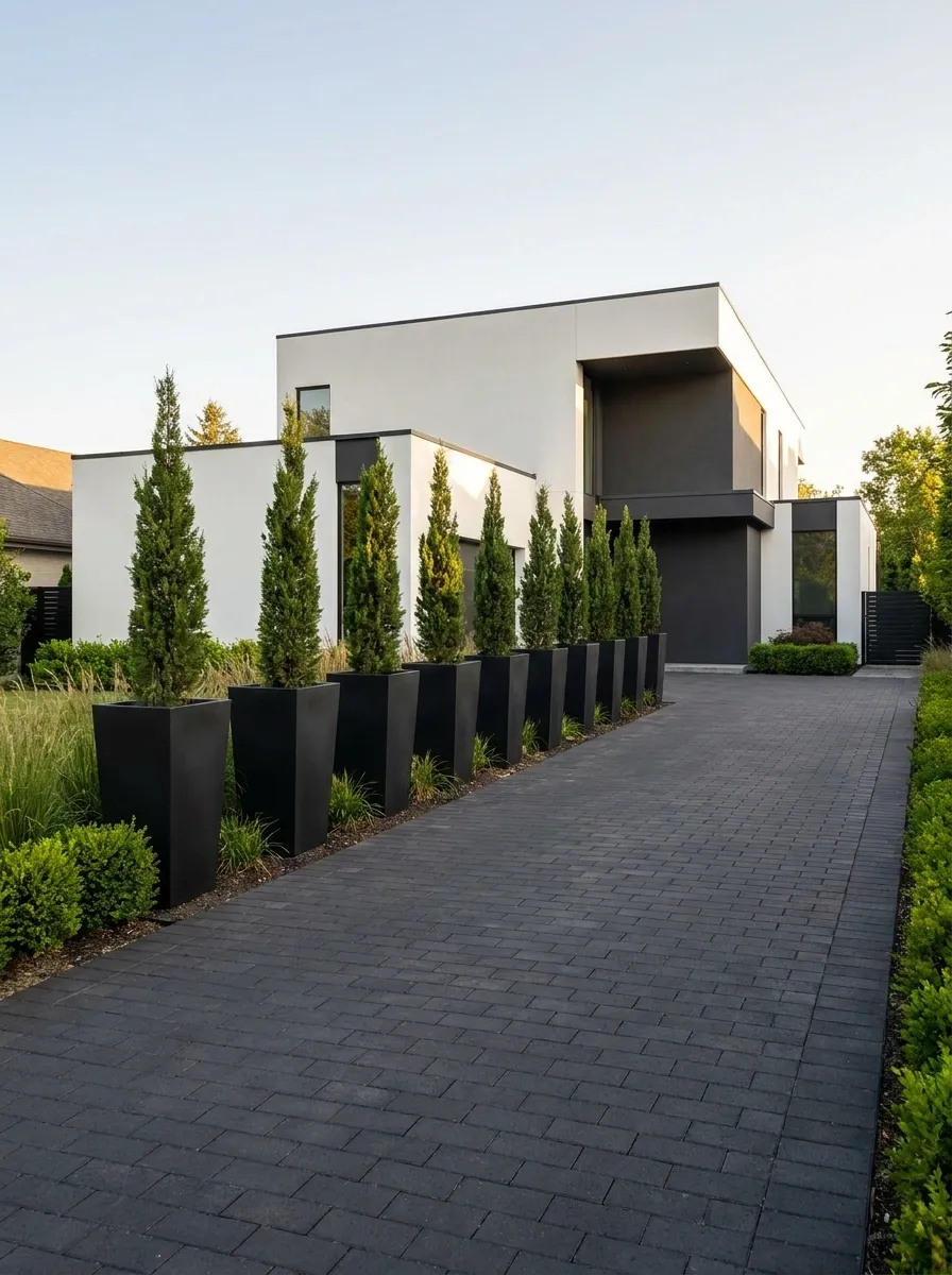 Black Planters With Architectural Evergreen Trees