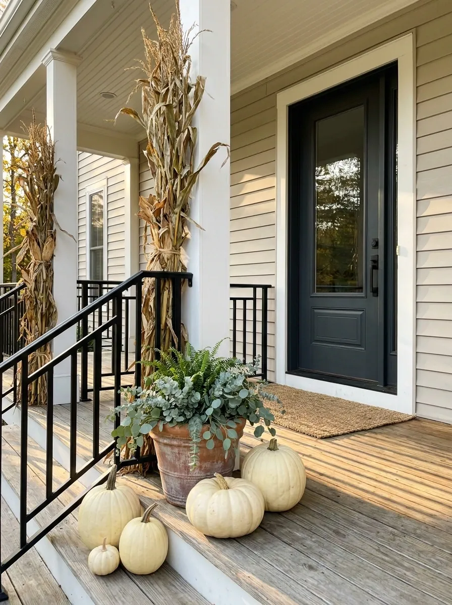 Black Railings and Natural Corn Stalks on a Transitional Porch