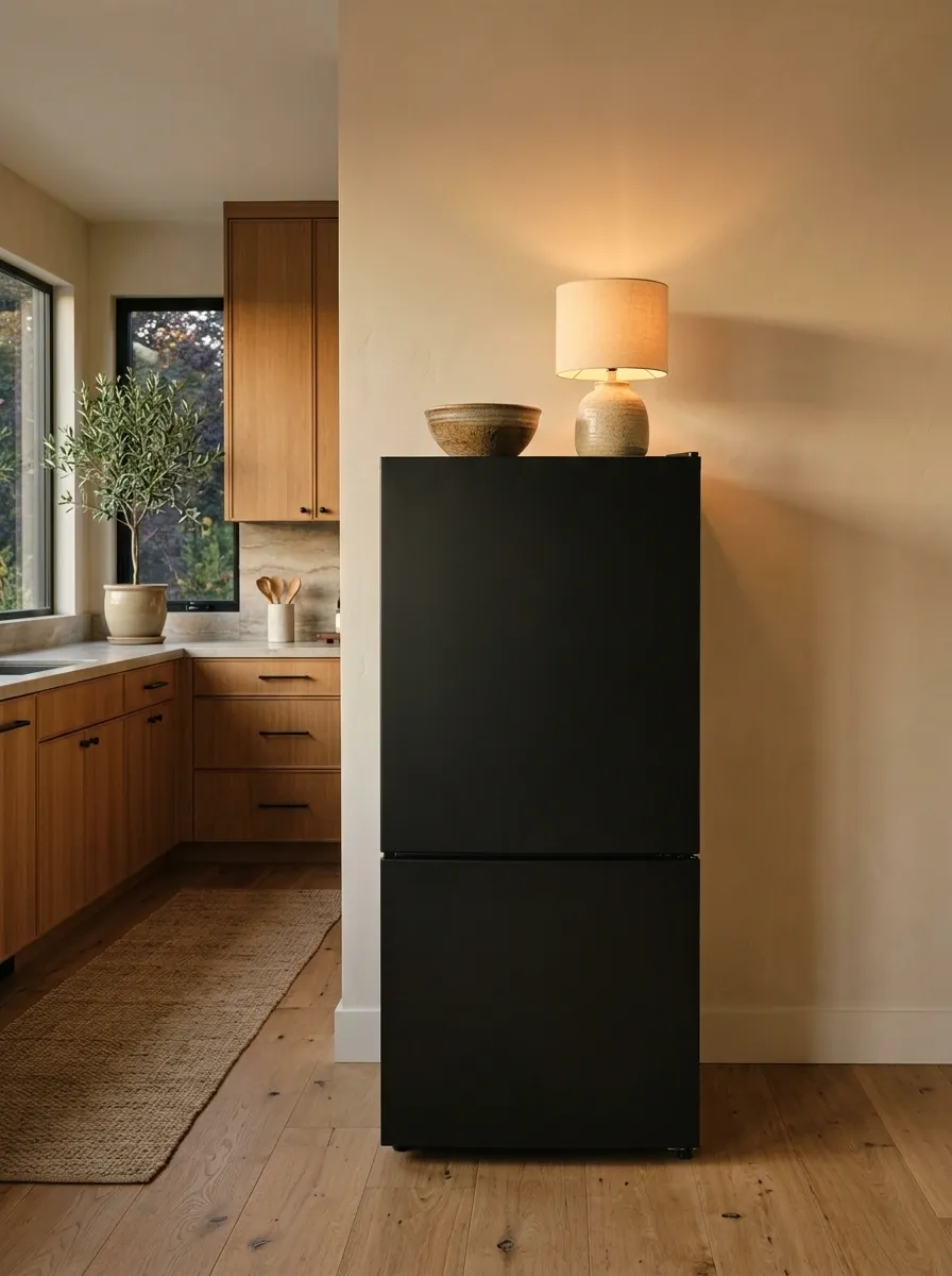 Black Refrigerator With a Warm Ceramic Lamp