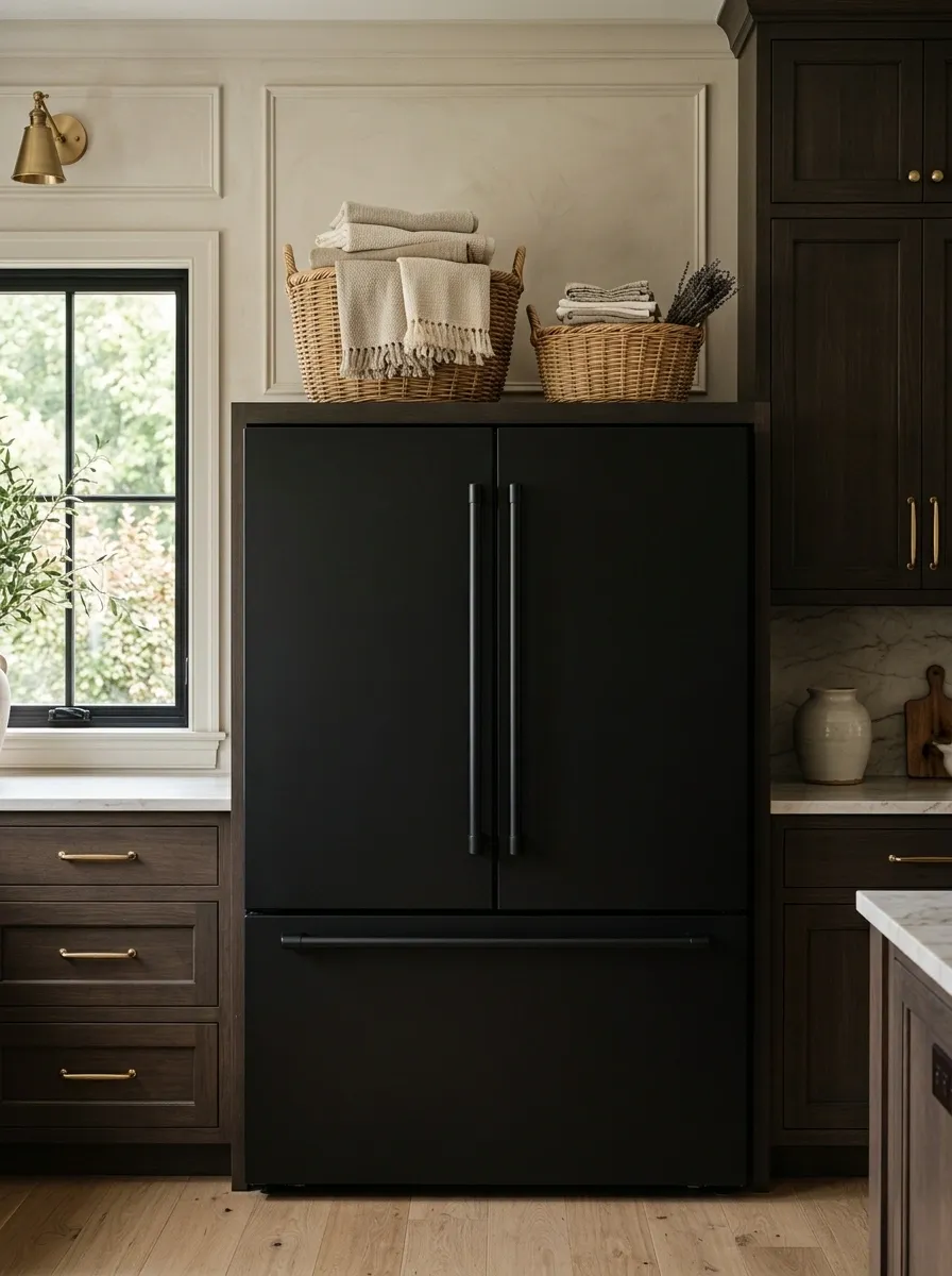 Black Refrigerator With Natural Baskets and Soft Textiles