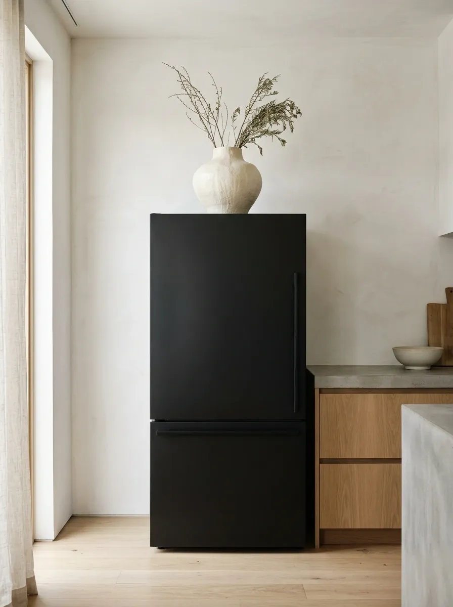 Black Refrigerator With One Oversized Sculptural Vase