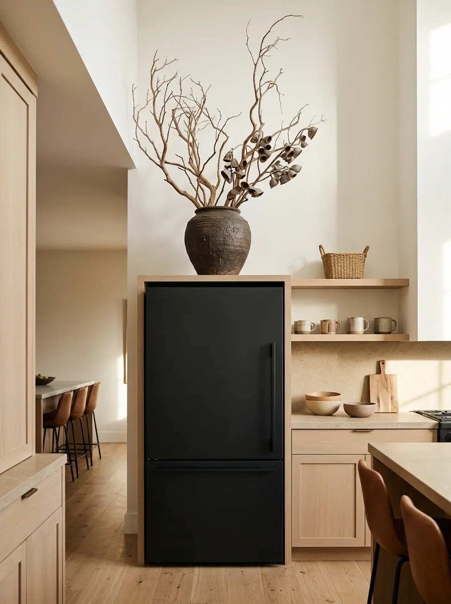 Black Refrigerator With Oversized Dried Branches
