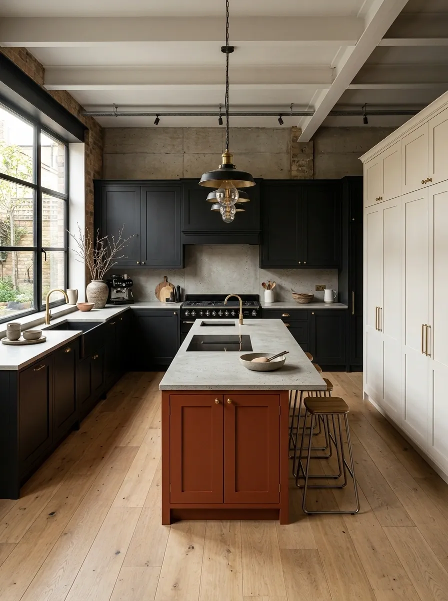 Black, Rust, and Warm White Industrial Kitchen