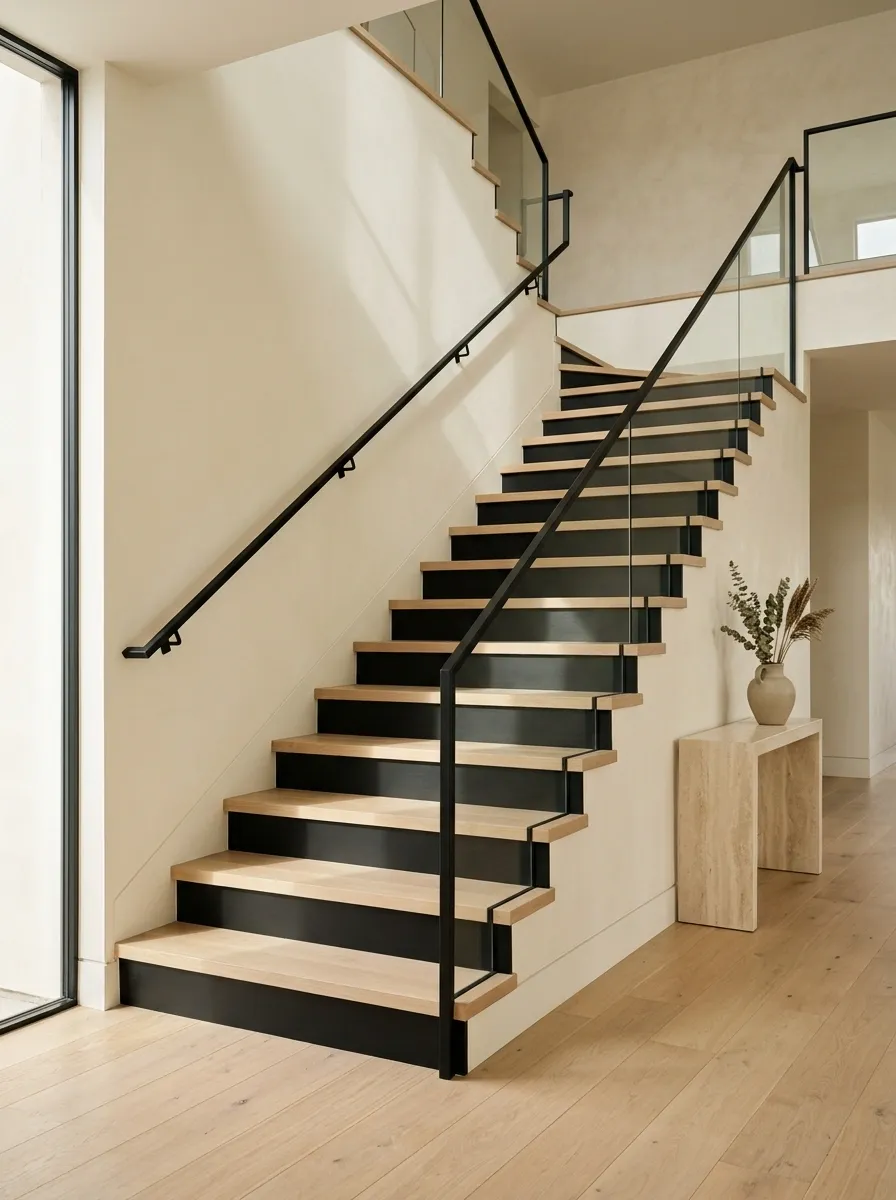Black Staircase Risers With Pale Wood Treads