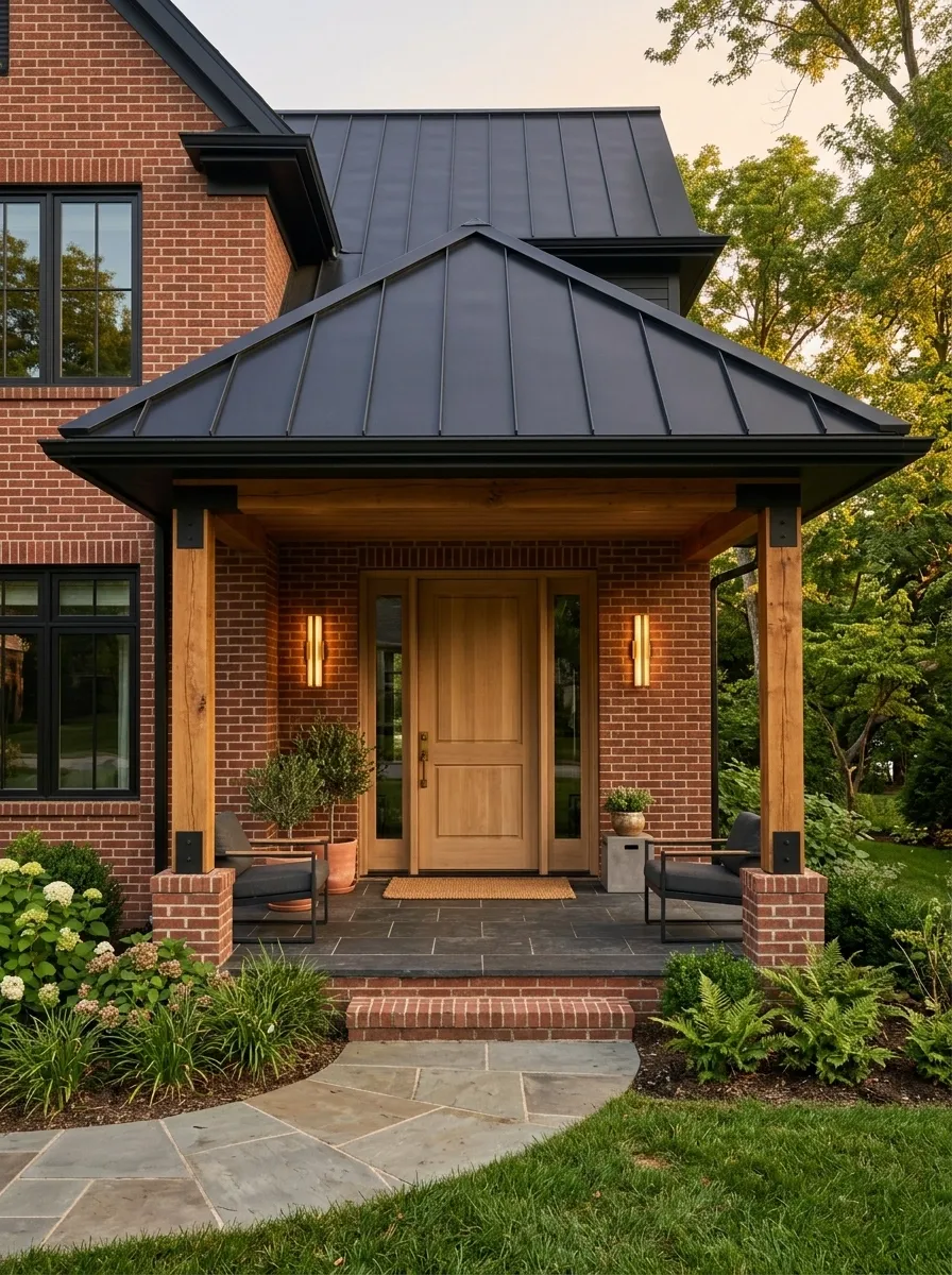 Black Standing-Seam Roof Over a Warm Brick Porch