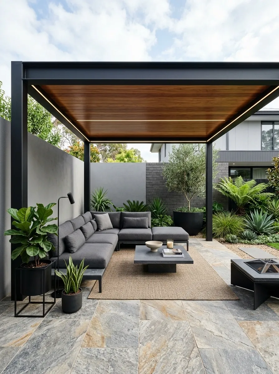 Black Steel Pergola With a Warm Wood Ceiling